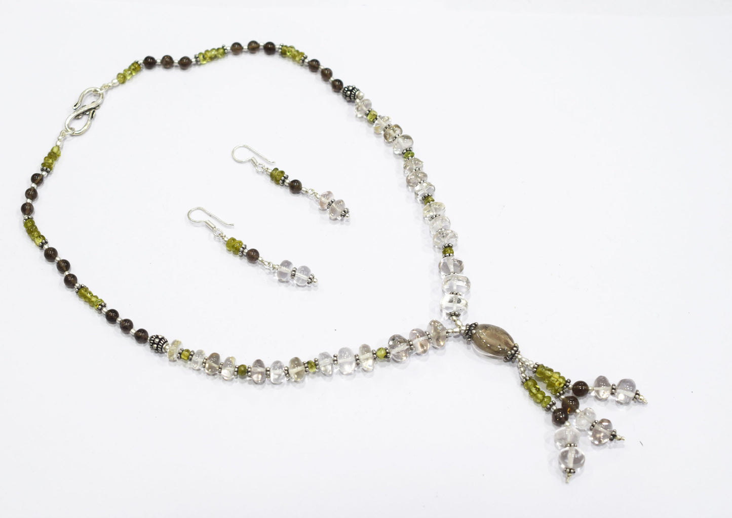 Natural Peridot, Smoky Quartz and Crystal Quartz Necklace Set - Multi-Strand Statement Choker with Drop Earrings - Handmade Boho Tribal Beaded Jewelry Gift for Her,32962