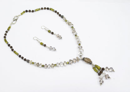 Natural Peridot, Smoky Quartz and Crystal Quartz Necklace Set - Multi-Strand Statement Choker with Drop Earrings - Handmade Boho Tribal Beaded Jewelry Gift for Her,32962