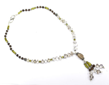 Natural Peridot, Smoky Quartz and Crystal Quartz Necklace Set - Multi-Strand Statement Choker with Drop Earrings - Handmade Boho Tribal Beaded Jewelry Gift for Her,32962