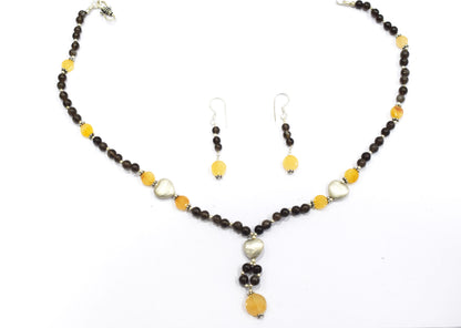 Natural Smoky Quartz and Citrine Necklace Set - Beaded Statement Choker with Drop Earrings - Handmade Boho Tribal Beaded Jewelry Gift for Her,32963