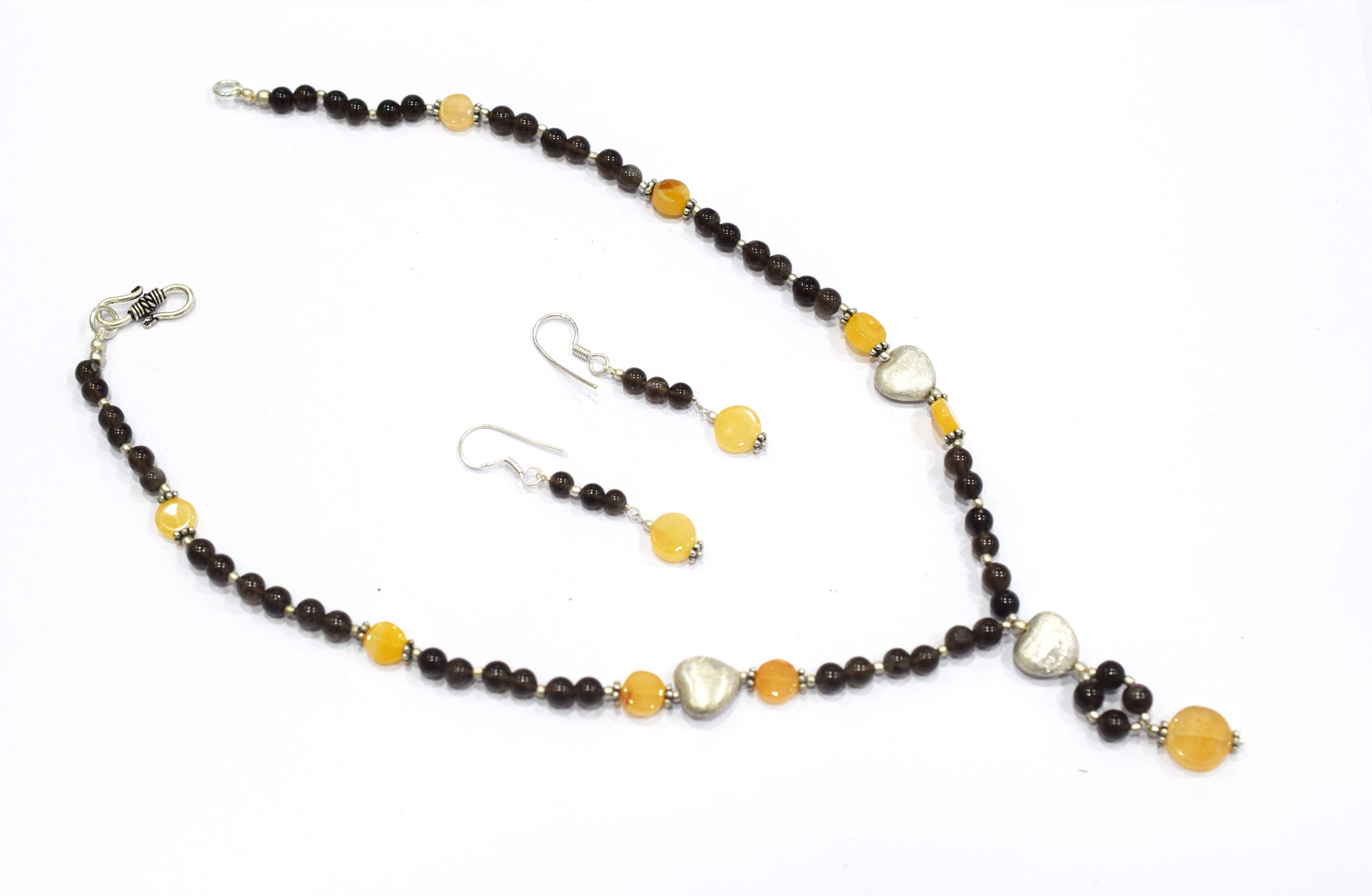 Natural Smoky Quartz and Citrine Necklace Set - Beaded Statement Choker with Drop Earrings - Handmade Boho Tribal Beaded Jewelry Gift for Her,32963