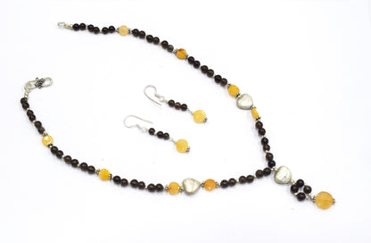 Natural Smoky Quartz and Citrine Necklace Set - Beaded Statement Choker with Drop Earrings - Handmade Boho Tribal Beaded Jewelry Gift for Her,32963