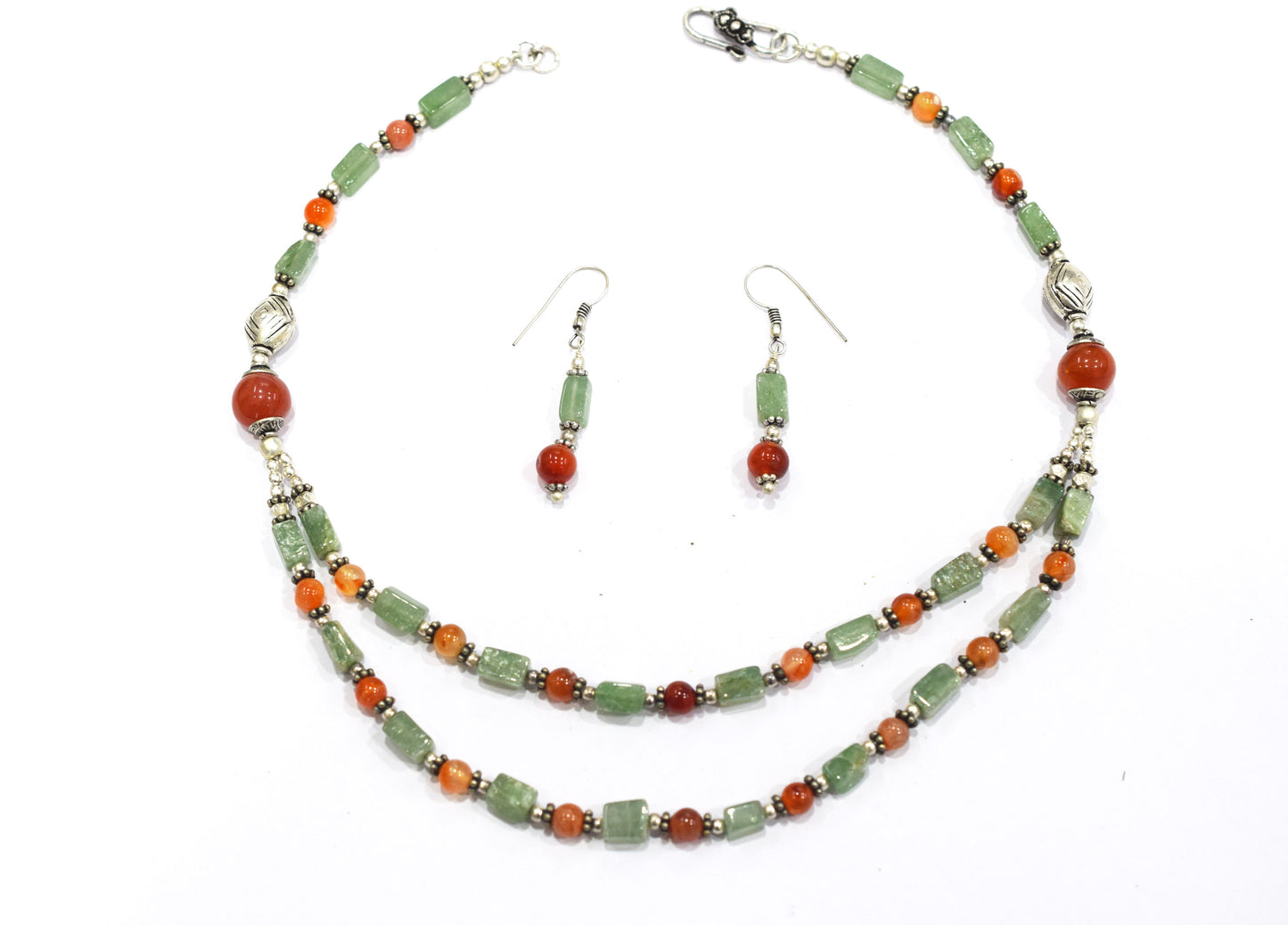 Natural Green Aventurine and Carnelian Necklace Set - Multi-Strand Statement Choker with Drop Earrings - Handmade Boho Tribal Beaded Jewelry Gift for Her,32964