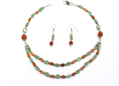 Natural Green Aventurine and Carnelian Necklace Set - Multi-Strand Statement Choker with Drop Earrings - Handmade Boho Tribal Beaded Jewelry Gift for Her,32964