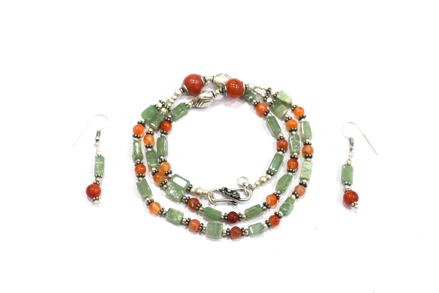 Natural Green Aventurine and Carnelian Necklace Set - Multi-Strand Statement Choker with Drop Earrings - Handmade Boho Tribal Beaded Jewelry Gift for Her,32964