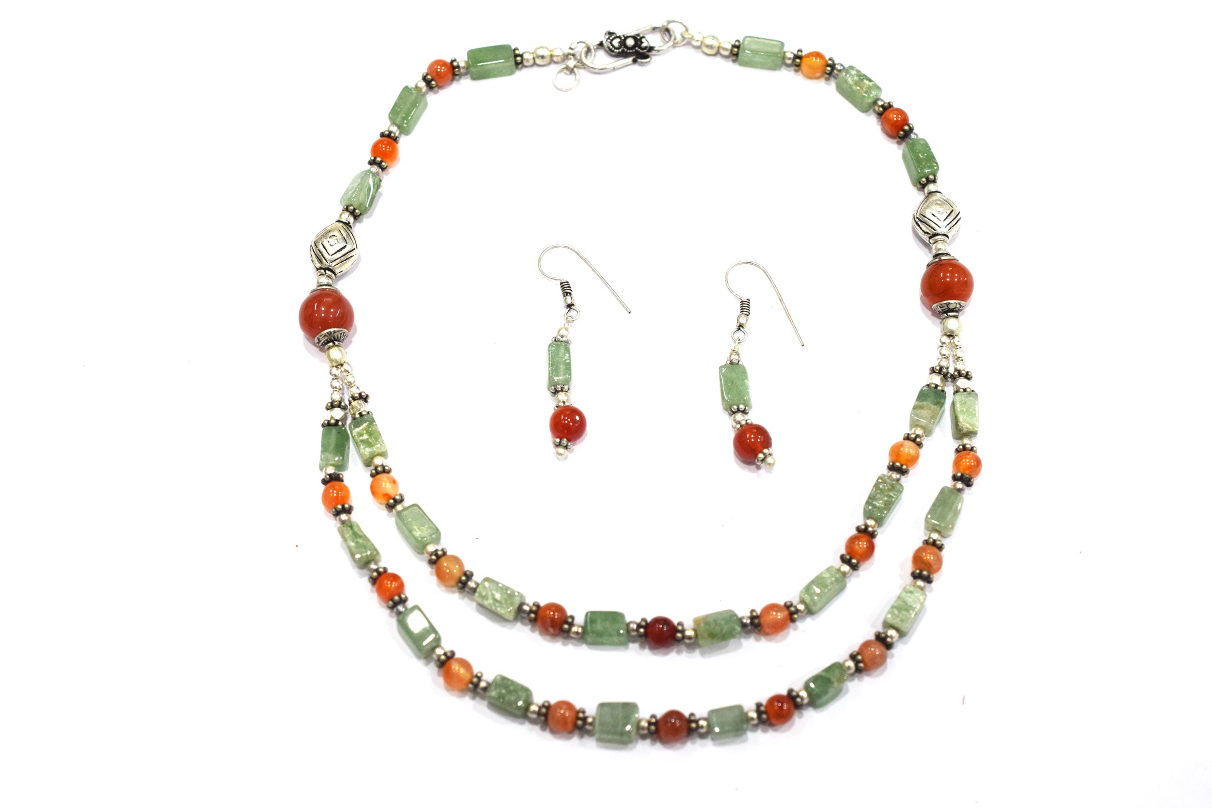 Natural Green Aventurine and Carnelian Necklace Set - Multi-Strand Statement Choker with Drop Earrings - Handmade Boho Tribal Beaded Jewelry Gift for Her,32964