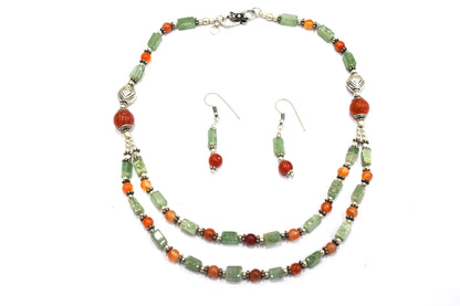 Natural Green Aventurine and Carnelian Necklace Set - Multi-Strand Statement Choker with Drop Earrings - Handmade Boho Tribal Beaded Jewelry Gift for Her,32964