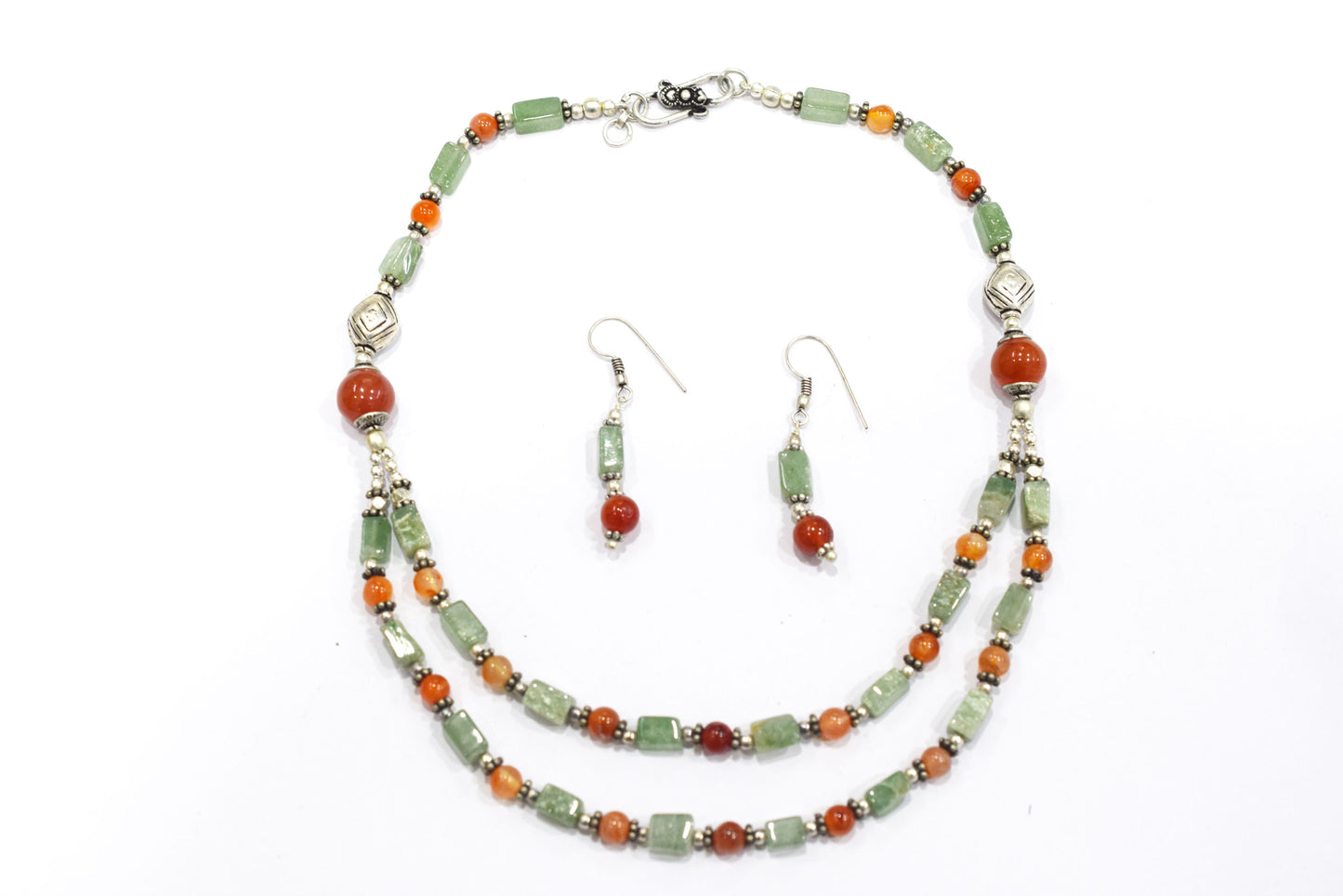 Natural Green Aventurine and Carnelian Necklace Set - Multi-Strand Statement Choker with Drop Earrings - Handmade Boho Tribal Beaded Jewelry Gift for Her,32964