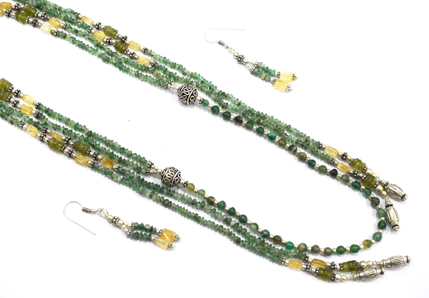 Natural Green Aventurine and Citrine Necklace Set - Multi-Strand Statement Choker with Drop Earrings - Handmade Boho Tribal Beaded Jewelry Gift for Her,32965