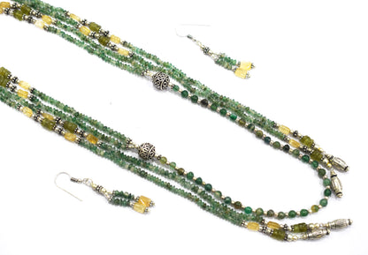 Natural Green Aventurine and Citrine Necklace Set - Multi-Strand Statement Choker with Drop Earrings - Handmade Boho Tribal Beaded Jewelry Gift for Her,32965