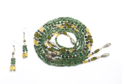 Natural Green Aventurine and Citrine Necklace Set - Multi-Strand Statement Choker with Drop Earrings - Handmade Boho Tribal Beaded Jewelry Gift for Her,32965
