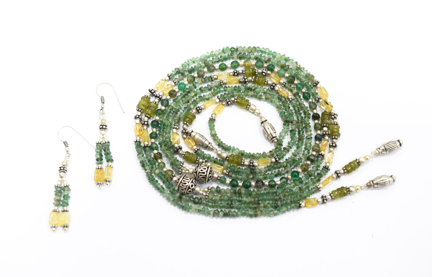 Natural Green Aventurine and Citrine Necklace Set - Multi-Strand Statement Choker with Drop Earrings - Handmade Boho Tribal Beaded Jewelry Gift for Her,32965