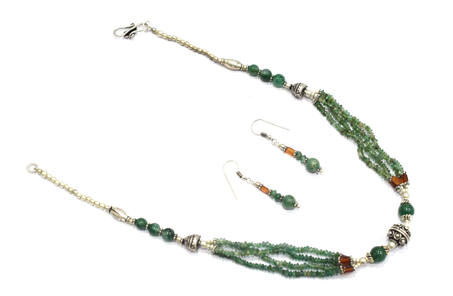 Natural Green Aventurine and Hessonite Garnet Necklace Set - Multi-Strand Statement Choker with Drop Earrings - Handmade Boho Tribal Beaded Jewelry Gift for Her,32966