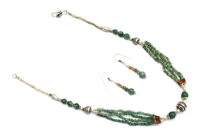 Natural Green Aventurine and Hessonite Garnet Necklace Set - Multi-Strand Statement Choker with Drop Earrings - Handmade Boho Tribal Beaded Jewelry Gift for Her,32966