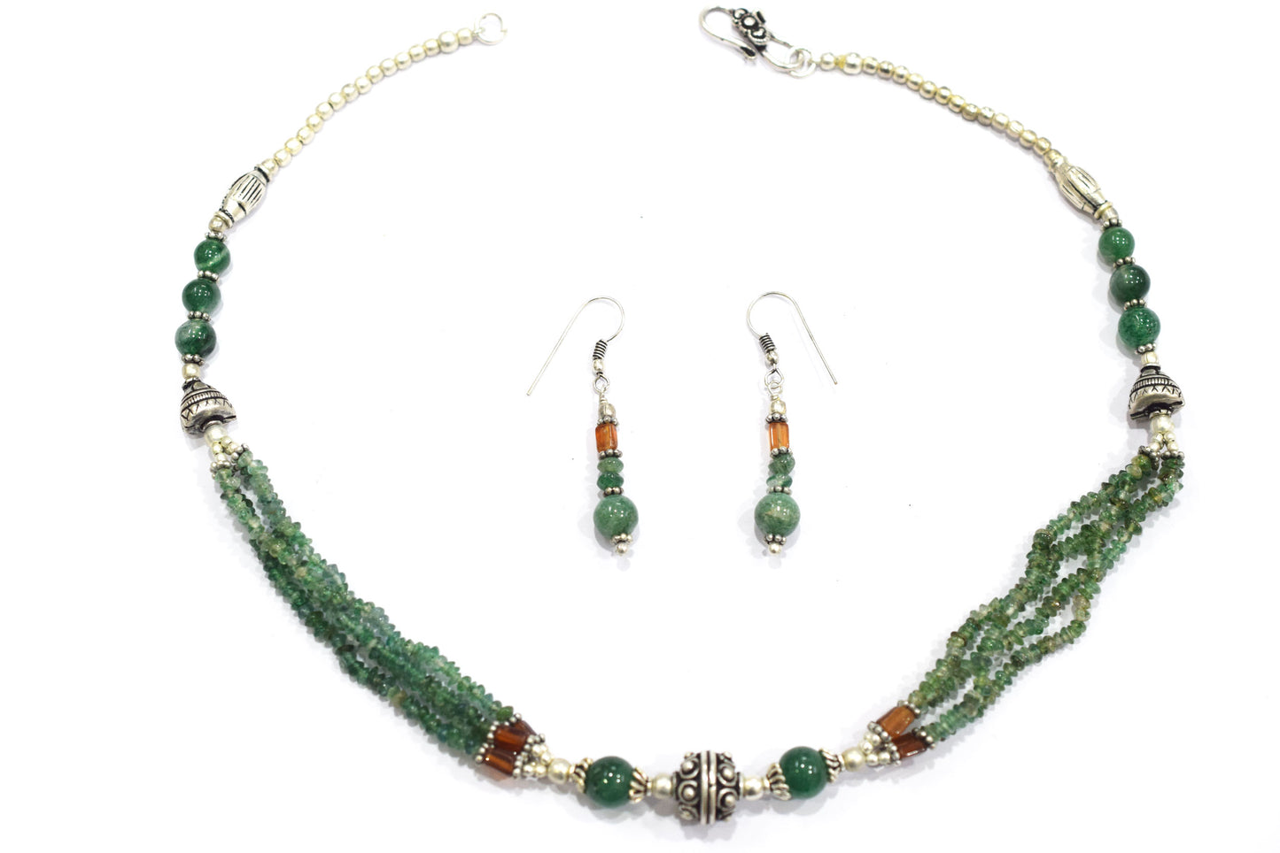 Natural Green Aventurine and Hessonite Garnet Necklace Set - Multi-Strand Statement Choker with Drop Earrings - Handmade Boho Tribal Beaded Jewelry Gift for Her,32966