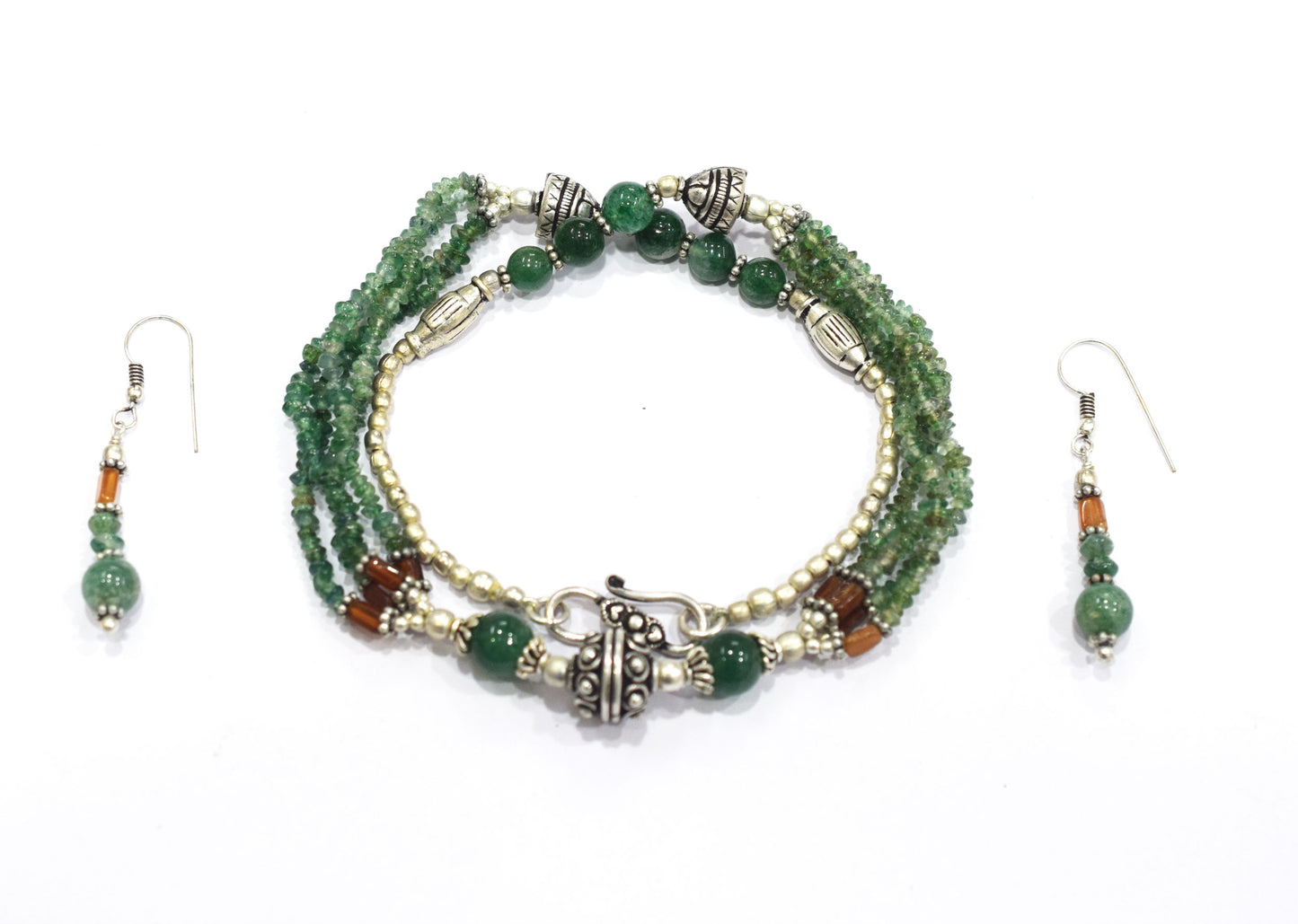 Natural Green Aventurine and Hessonite Garnet Necklace Set - Multi-Strand Statement Choker with Drop Earrings - Handmade Boho Tribal Beaded Jewelry Gift for Her,32966