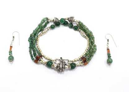 Natural Green Aventurine and Hessonite Garnet Necklace Set - Multi-Strand Statement Choker with Drop Earrings - Handmade Boho Tribal Beaded Jewelry Gift for Her,32966