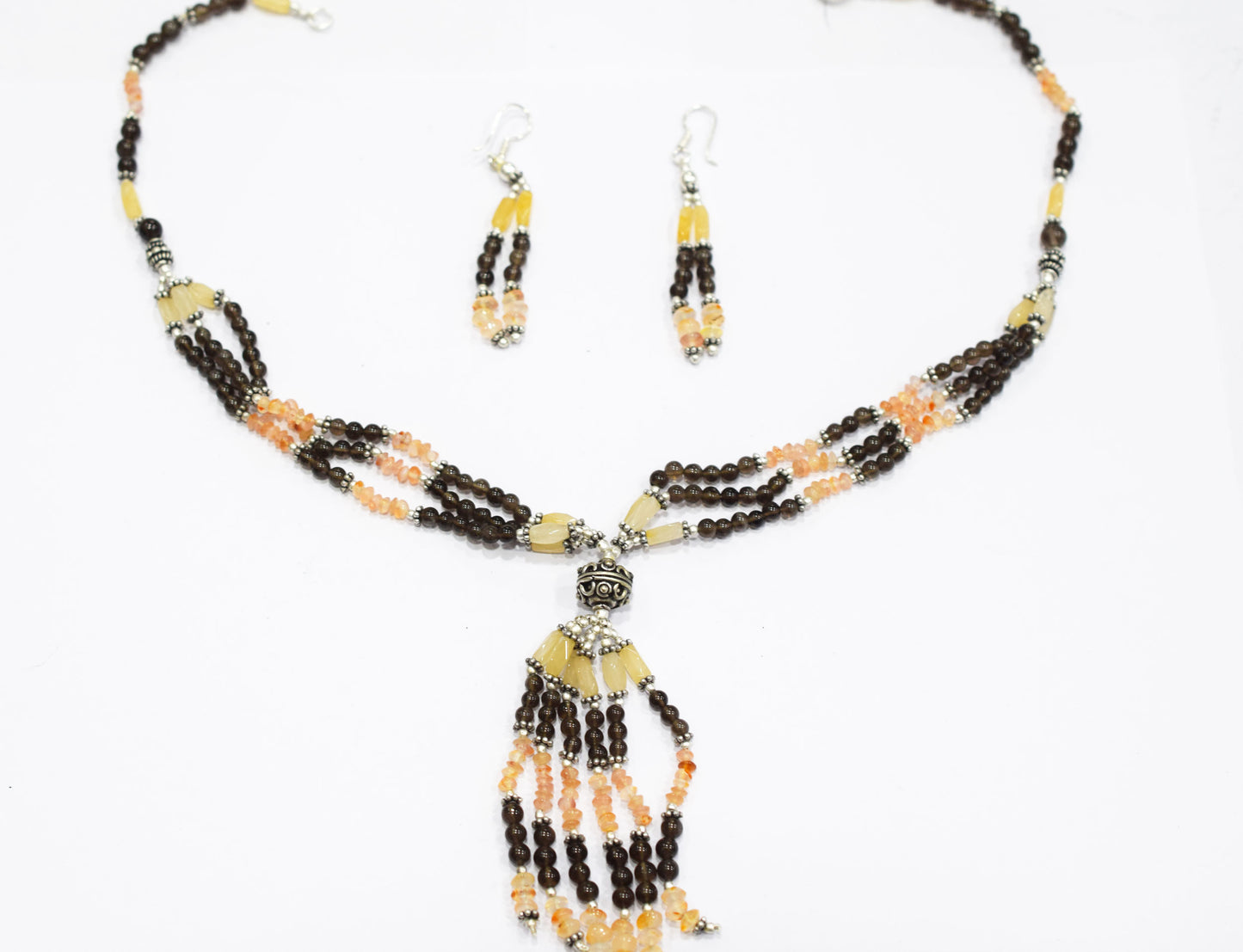 Natural Smoky Quartz and Aventurine Necklace Set - Multi-Strand Statement Choker with Drop Earrings - Handmade Boho Tribal Beaded Jewelry Gift for Her,32967