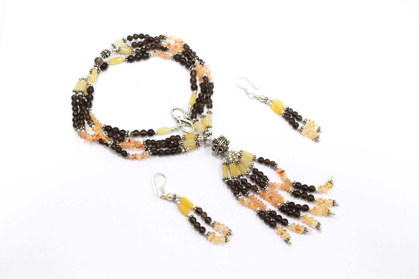 Natural Smoky Quartz and Aventurine Necklace Set - Multi-Strand Statement Choker with Drop Earrings - Handmade Boho Tribal Beaded Jewelry Gift for Her,32967