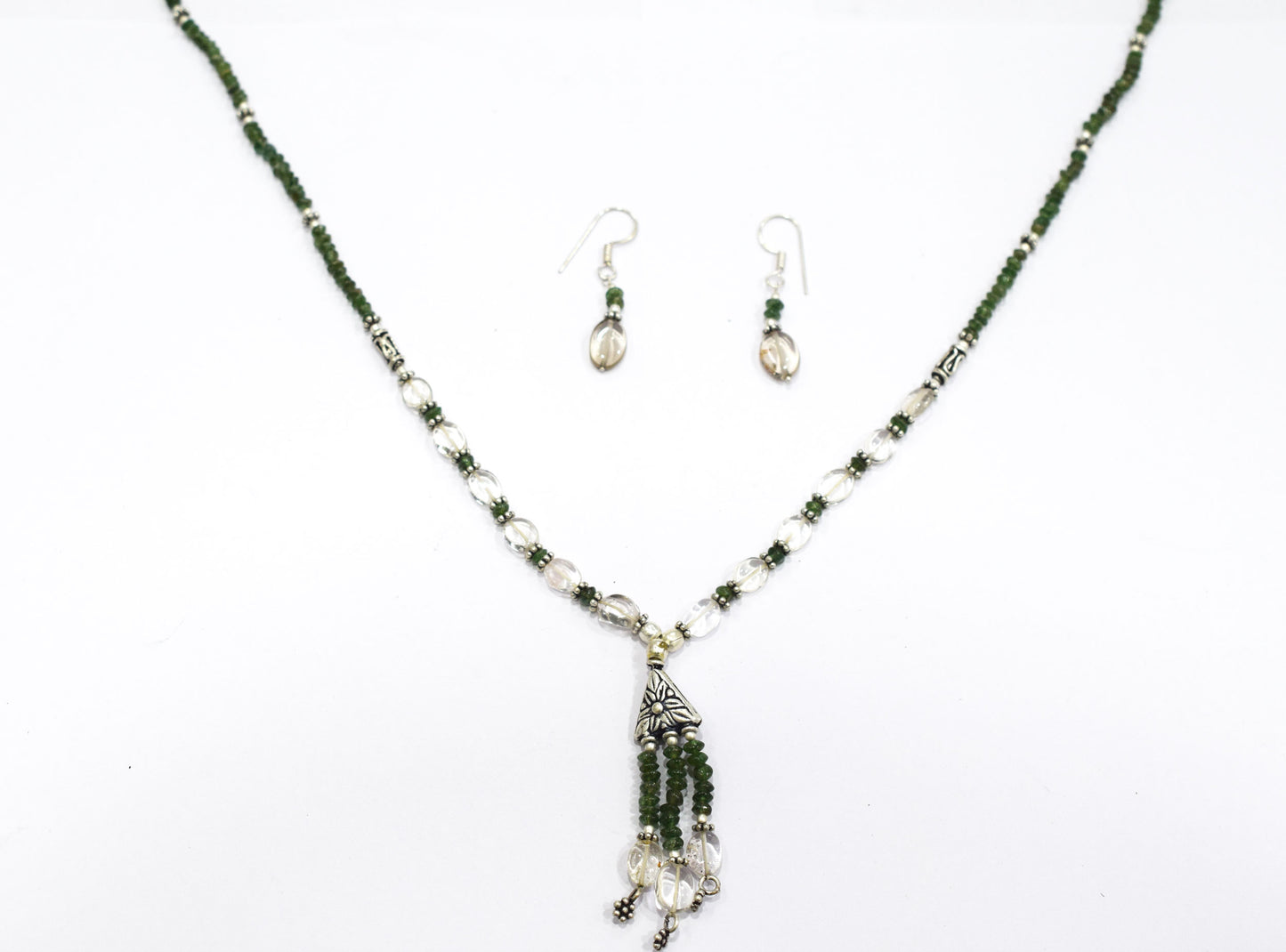 Natural Green Aventurine and Crystal Quartz Necklace Set - Multi-Strand Statement Choker with Drop Earrings - Handmade Boho Tribal Beaded Jewelry Gift for Her,32968