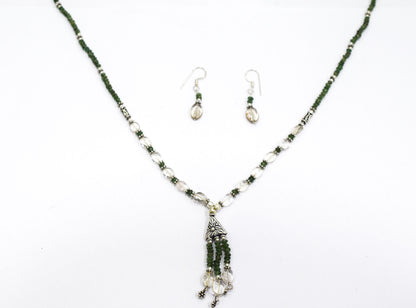 Natural Green Aventurine and Crystal Quartz Necklace Set - Multi-Strand Statement Choker with Drop Earrings - Handmade Boho Tribal Beaded Jewelry Gift for Her,32968