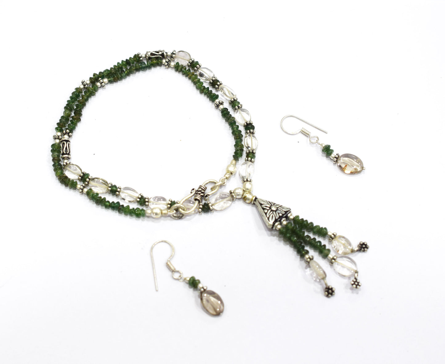 Natural Green Aventurine and Crystal Quartz Necklace Set - Multi-Strand Statement Choker with Drop Earrings - Handmade Boho Tribal Beaded Jewelry Gift for Her,32968