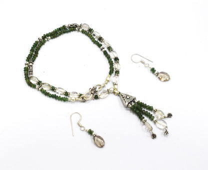 Natural Green Aventurine and Crystal Quartz Necklace Set - Multi-Strand Statement Choker with Drop Earrings - Handmade Boho Tribal Beaded Jewelry Gift for Her,32968