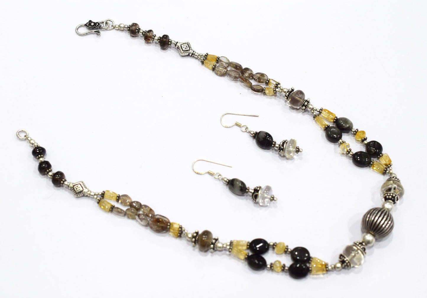 Natural Smoky Quartz, Citrine and Black Tourmaline Necklace Set - Multi-Strand Statement Choker with Drop Earrings - Handmade Boho Tribal Beaded Jewelry Gift for Her,32970