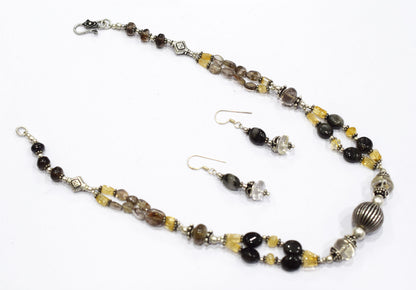 Natural Smoky Quartz, Citrine and Black Tourmaline Necklace Set - Multi-Strand Statement Choker with Drop Earrings - Handmade Boho Tribal Beaded Jewelry Gift for Her,32970