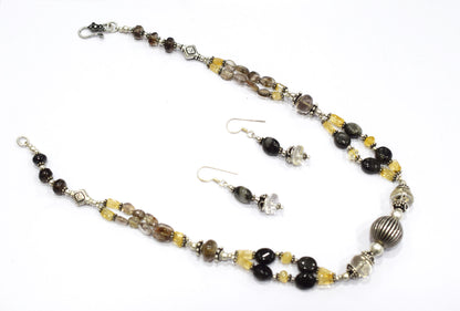 Natural Smoky Quartz, Citrine and Black Tourmaline Necklace Set - Multi-Strand Statement Choker with Drop Earrings - Handmade Boho Tribal Beaded Jewelry Gift for Her,32970