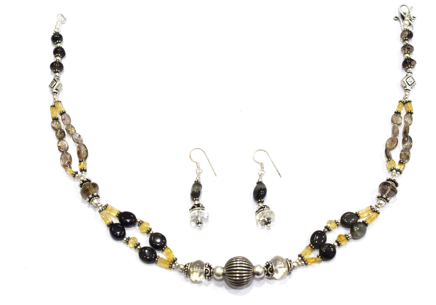 Natural Smoky Quartz, Citrine and Black Tourmaline Necklace Set - Multi-Strand Statement Choker with Drop Earrings - Handmade Boho Tribal Beaded Jewelry Gift for Her,32970