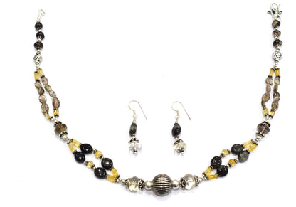Natural Smoky Quartz, Citrine and Black Tourmaline Necklace Set - Multi-Strand Statement Choker with Drop Earrings - Handmade Boho Tribal Beaded Jewelry Gift for Her,32970