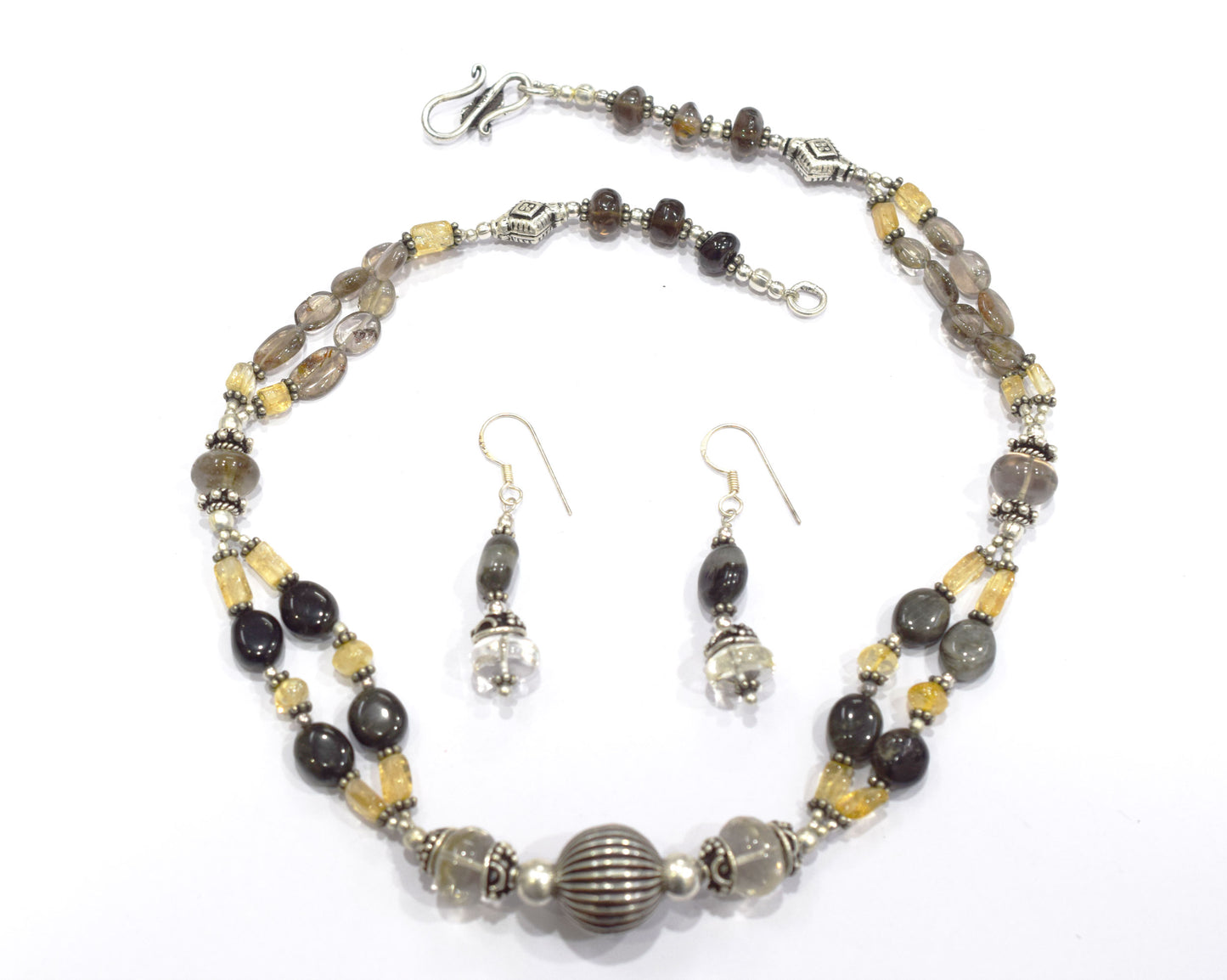 Natural Smoky Quartz, Citrine and Black Tourmaline Necklace Set - Multi-Strand Statement Choker with Drop Earrings - Handmade Boho Tribal Beaded Jewelry Gift for Her,32970
