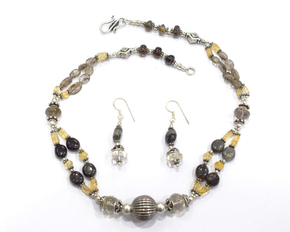Natural Smoky Quartz, Citrine and Black Tourmaline Necklace Set - Multi-Strand Statement Choker with Drop Earrings - Handmade Boho Tribal Beaded Jewelry Gift for Her,32970
