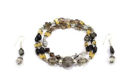 Natural Smoky Quartz, Citrine and Black Tourmaline Necklace Set - Multi-Strand Statement Choker with Drop Earrings - Handmade Boho Tribal Beaded Jewelry Gift for Her,32970