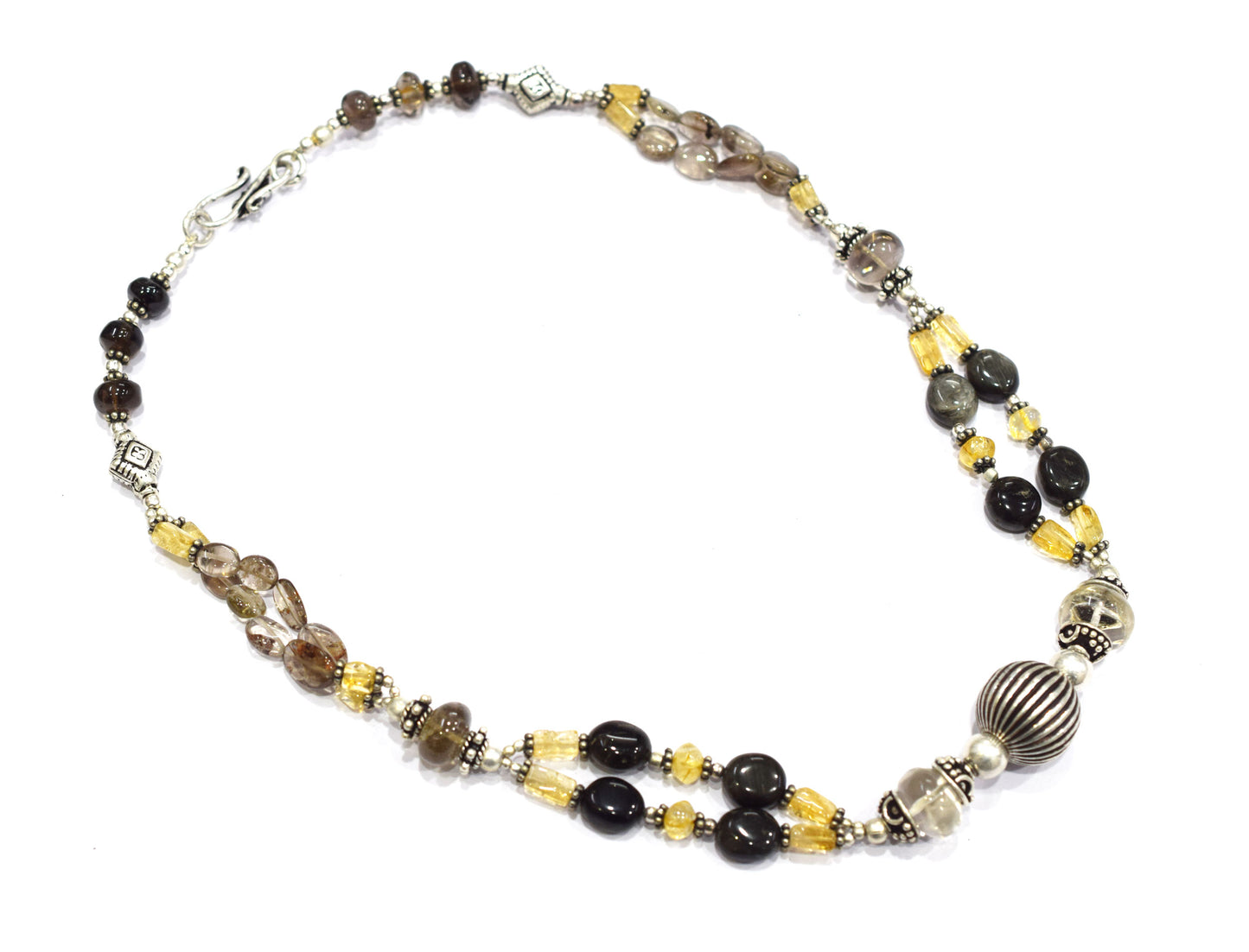 Natural Smoky Quartz, Citrine and Black Tourmaline Necklace Set - Multi-Strand Statement Choker with Drop Earrings - Handmade Boho Tribal Beaded Jewelry Gift for Her,32970