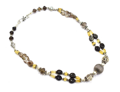Natural Smoky Quartz, Citrine and Black Tourmaline Necklace Set - Multi-Strand Statement Choker with Drop Earrings - Handmade Boho Tribal Beaded Jewelry Gift for Her,32970