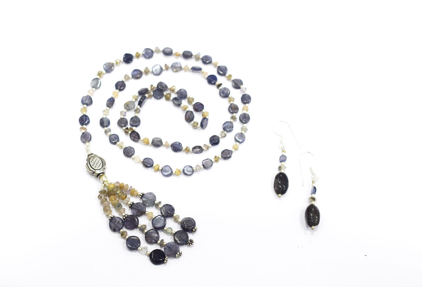 Natural Amethyst and Rutilated Quartz Necklace Set - Multi-Strand Statement Italian Open End Choker with Drop Earrings - Handmade Boho Tribal Beaded Jewelry Gift for Her,32971