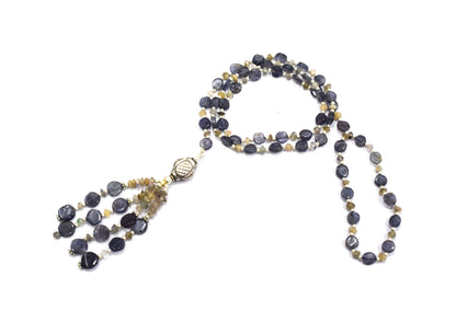Natural Amethyst and Rutilated Quartz Necklace Set - Multi-Strand Statement Italian Open End Choker with Drop Earrings - Handmade Boho Tribal Beaded Jewelry Gift for Her,32971