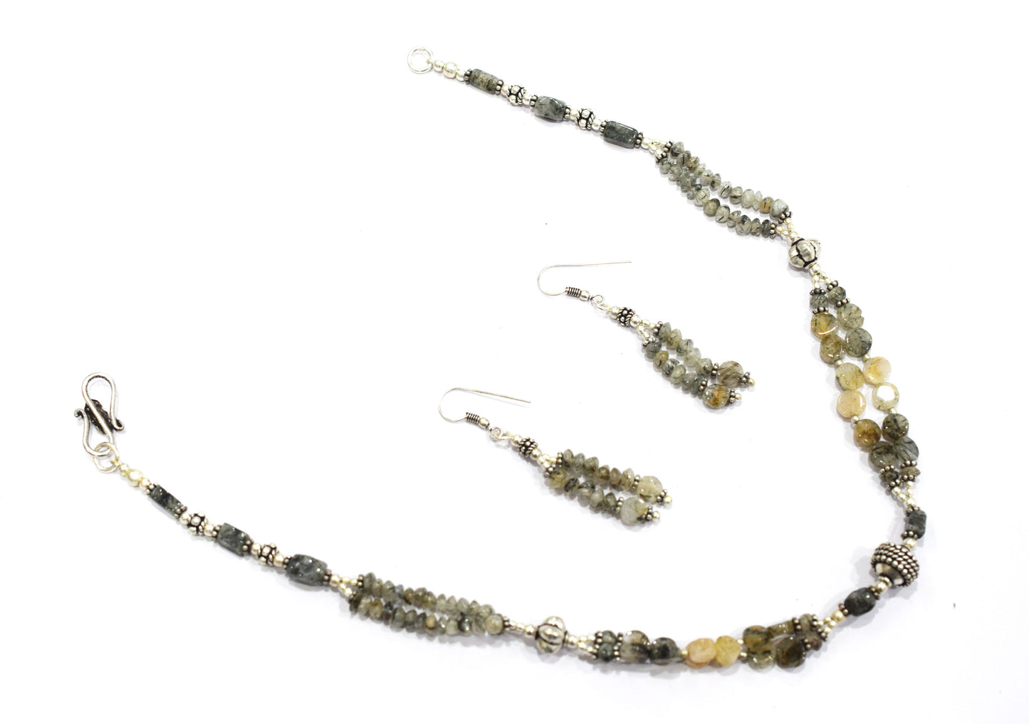 Natural Rutilated Quartz Necklace Set - Multi-Strand Statement Choker with Drop Earrings - Handmade Boho Tribal Beaded Jewelry Gift for Her,32972