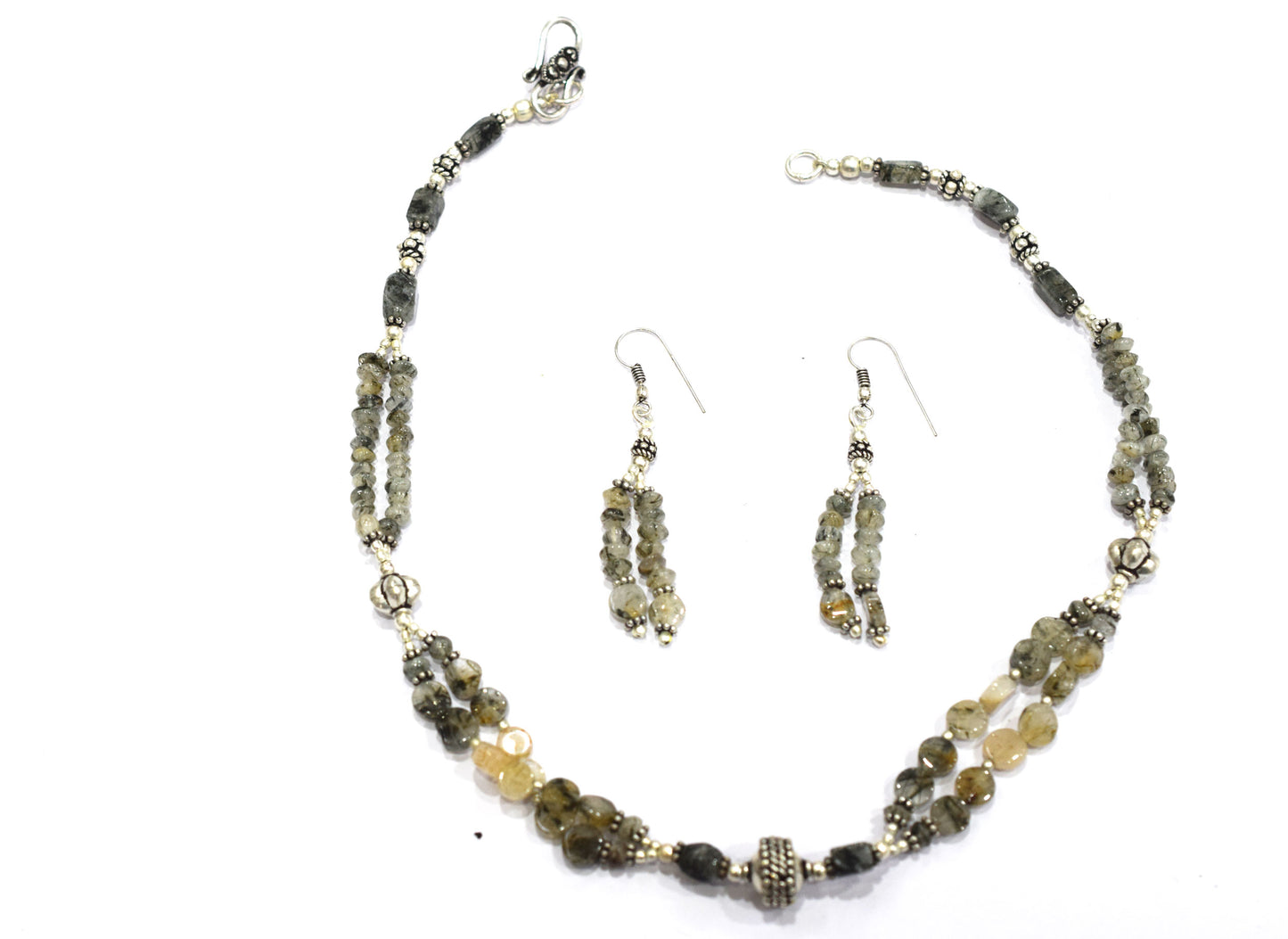 Natural Rutilated Quartz Necklace Set - Multi-Strand Statement Choker with Drop Earrings - Handmade Boho Tribal Beaded Jewelry Gift for Her,32972