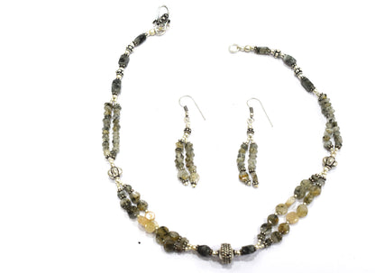 Natural Rutilated Quartz Necklace Set - Multi-Strand Statement Choker with Drop Earrings - Handmade Boho Tribal Beaded Jewelry Gift for Her,32972