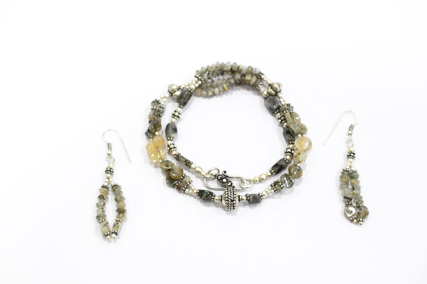 Natural Rutilated Quartz Necklace Set - Multi-Strand Statement Choker with Drop Earrings - Handmade Boho Tribal Beaded Jewelry Gift for Her,32972
