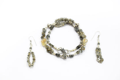 Natural Rutilated Quartz Necklace Set - Multi-Strand Statement Choker with Drop Earrings - Handmade Boho Tribal Beaded Jewelry Gift for Her,32972