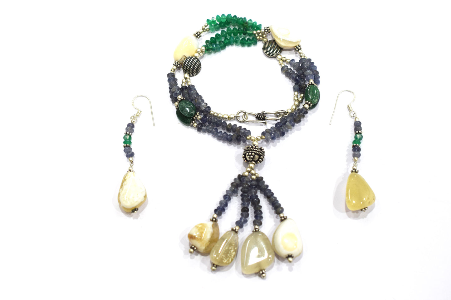 Natural Iolite, White Agate and Green Aventurine Necklace Set - Multi-Strand Statement Tassel Choker with Drop Earrings - Handmade Boho Tribal Beaded Jewelry Gift for Her,32973