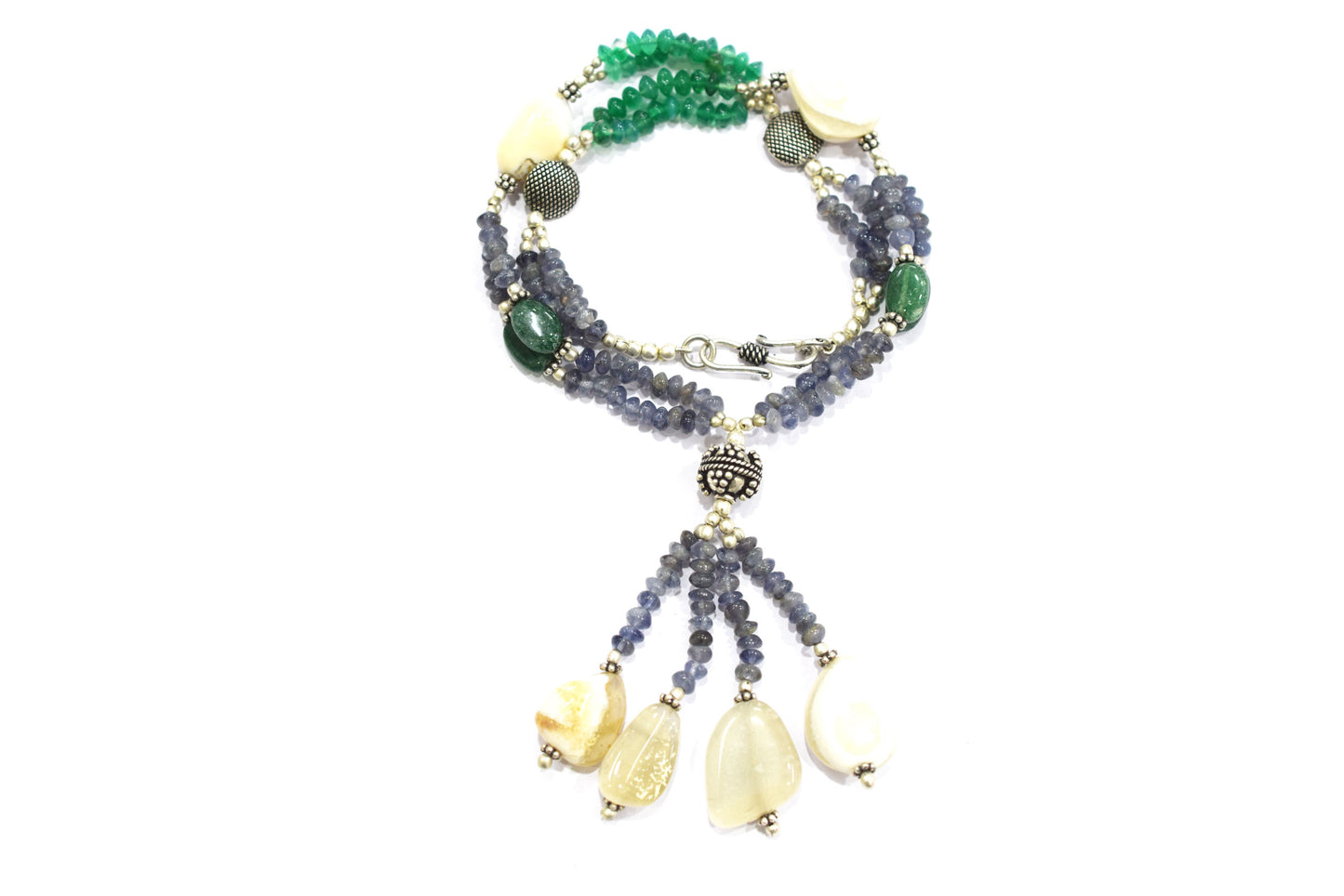 Natural Iolite, White Agate and Green Aventurine Necklace Set - Multi-Strand Statement Tassel Choker with Drop Earrings - Handmade Boho Tribal Beaded Jewelry Gift for Her,32973