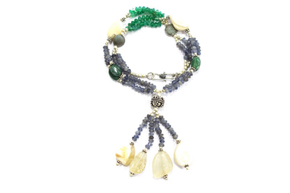Natural Iolite, White Agate and Green Aventurine Necklace Set - Multi-Strand Statement Tassel Choker with Drop Earrings - Handmade Boho Tribal Beaded Jewelry Gift for Her,32973