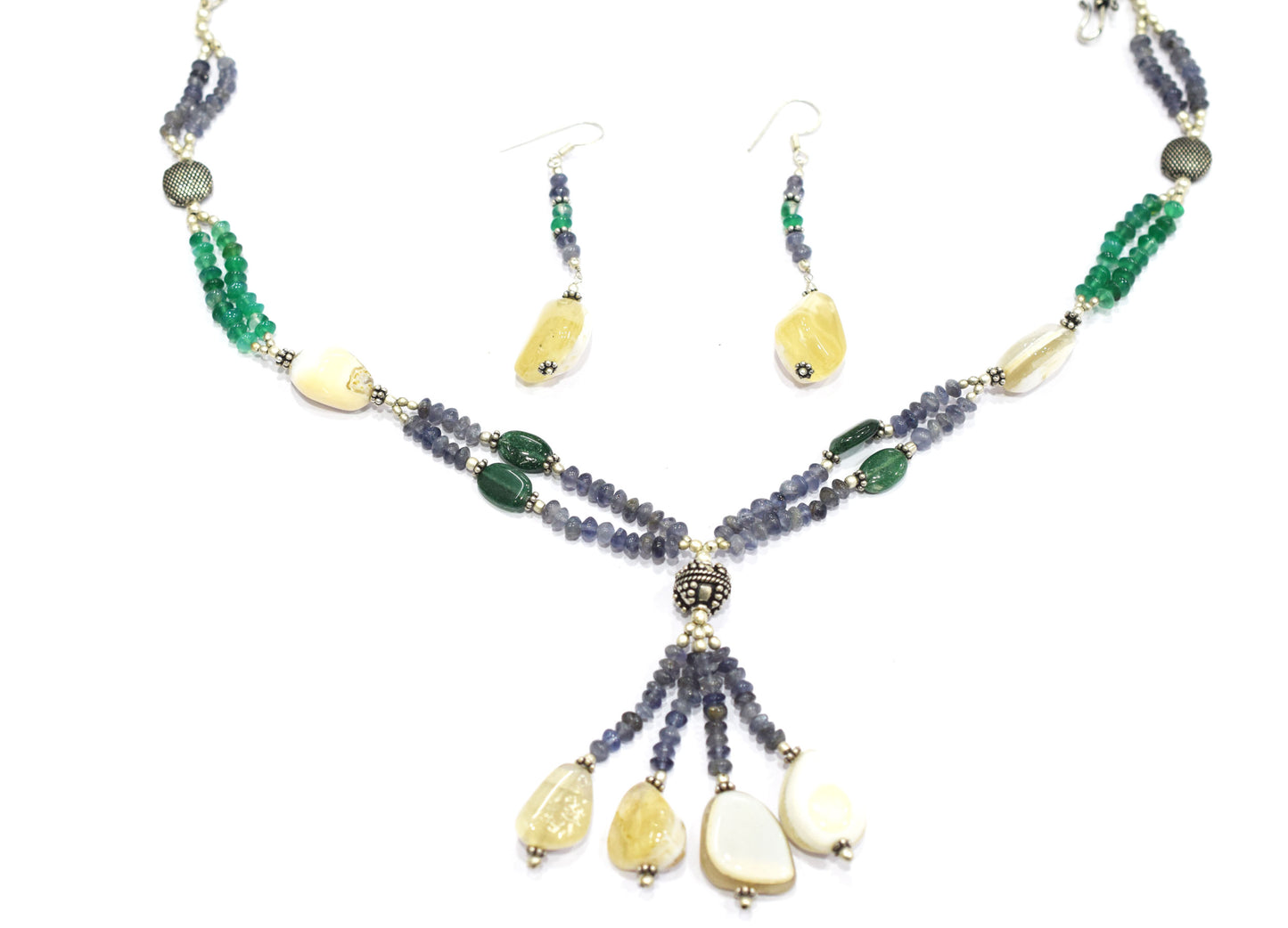 Natural Iolite, White Agate and Green Aventurine Necklace Set - Multi-Strand Statement Tassel Choker with Drop Earrings - Handmade Boho Tribal Beaded Jewelry Gift for Her,32973