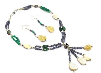 Natural Iolite, White Agate and Green Aventurine Necklace Set - Multi-Strand Statement Tassel Choker with Drop Earrings - Handmade Boho Tribal Beaded Jewelry Gift for Her,32973