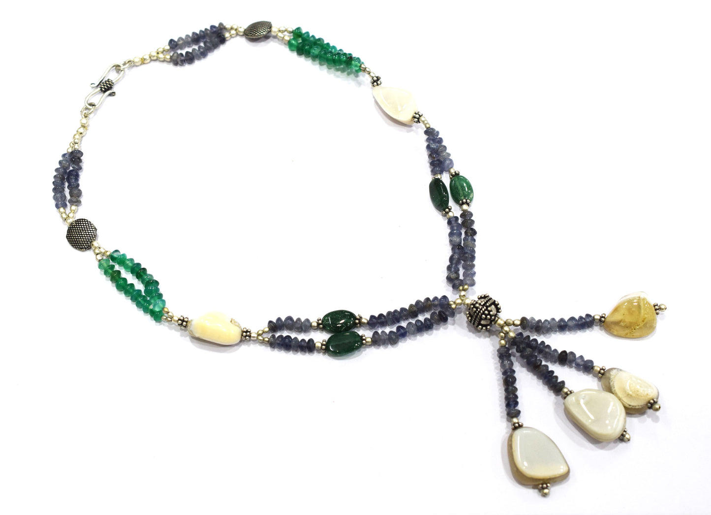 Natural Iolite, White Agate and Green Aventurine Necklace Set - Multi-Strand Statement Tassel Choker with Drop Earrings - Handmade Boho Tribal Beaded Jewelry Gift for Her,32973